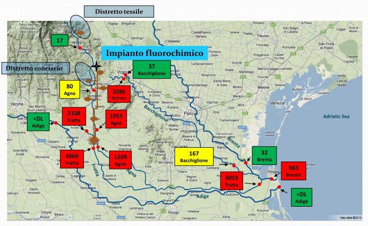 Distribuzione dei PFAS in Veneto Le concentrazioni sono espresse in ng/l.