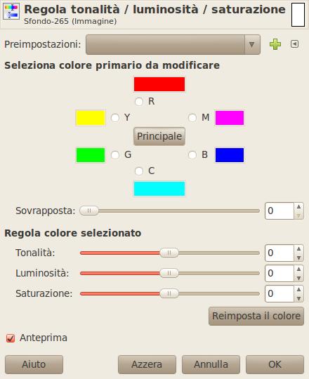 Tonalità-saturazione Simile al bilanciamento, ma si può applicare a un solo colore primario alla volta