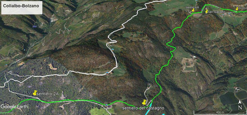 150m dopo, prima di una curva imbocchiamo il sentiero 6: inizia la lunga discesa; 1km e arriviamo