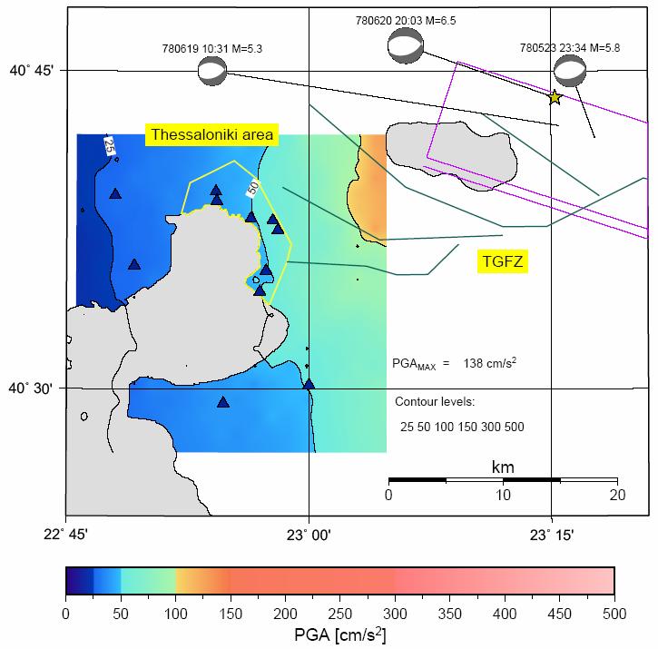 Mappa di PGA al bedrock Simulazione del terremoto di Salonicco del 20 Giugno 1978 Thessaloniki (M=6.5) THE Geometria della sorgente Punto di nucleazione Velocità di rottura 2.8km/s Slip omogeneo.