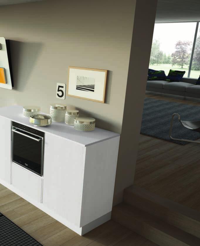 della composizione. A dynamic kitchen with a modern, uncluttered style.