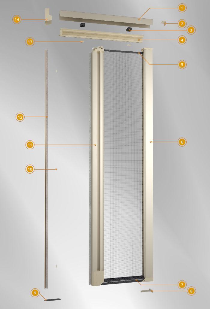 Dettagli: 1 Compensatore. 2 Tappo compensatore. 3 Regolatori. 4 Guida. 5 Rete con fettuccia e bottoni antivento. 6 Cassonetto. 7 Guida mobile con catena fosforescente.