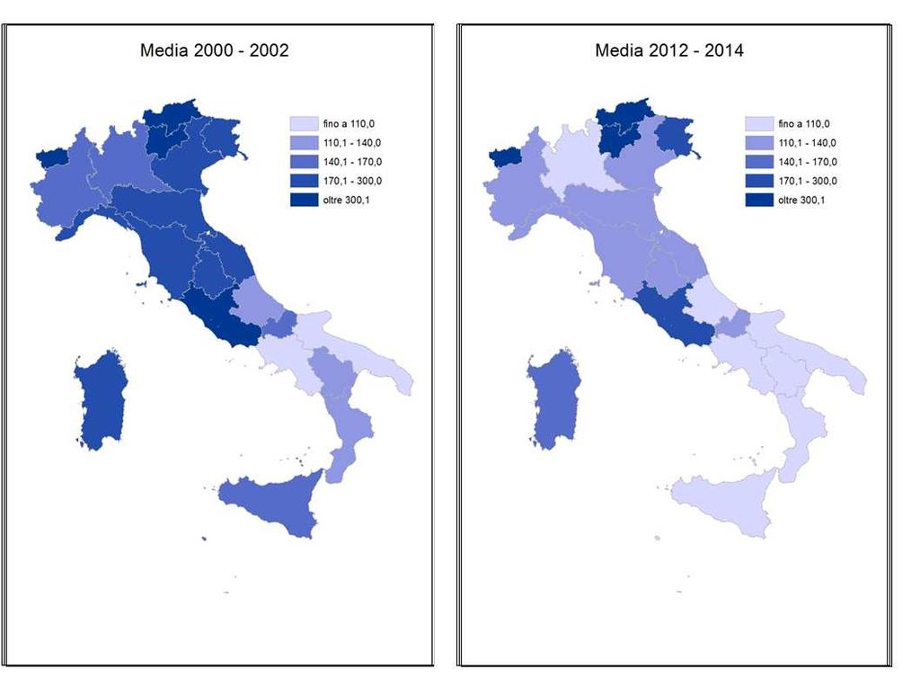 anni 2000 SPA - Spesa totale in Cultura e servizi ricreativi per regione (euro pro capite costanti 2010) SPA - Spesa in