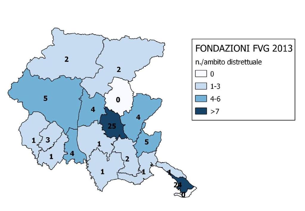 Numero di fondazioni per ambito distrettuale (rappresentazione cartografica) Fonte:
