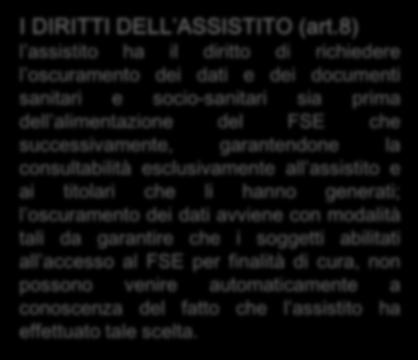 7) Il FSE può essere alimentato esclusivamente sulla base del consenso libero e informato da parte dell assistito I DIRITTI DELL ASSISTITO (art.