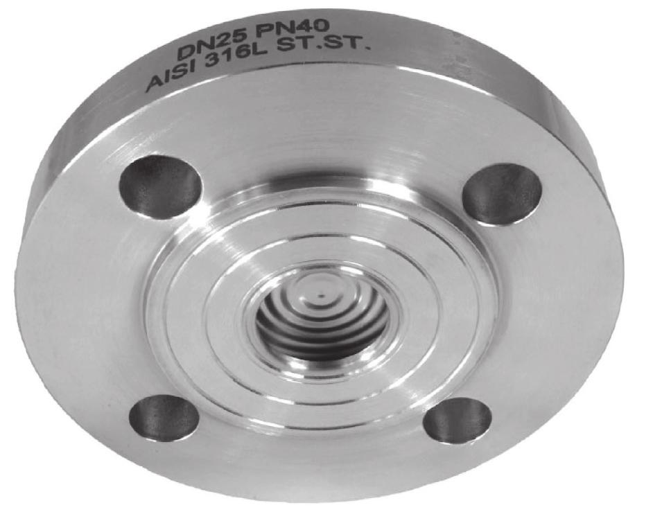 dal 1878 la prima fabbrica italiana di manometri e termometri Separatore flangiato a membrana FP 350 - a distanza o membrana saldata affacciata di: - acciaio inox AISI 316L rivest. di P.T.F.E.