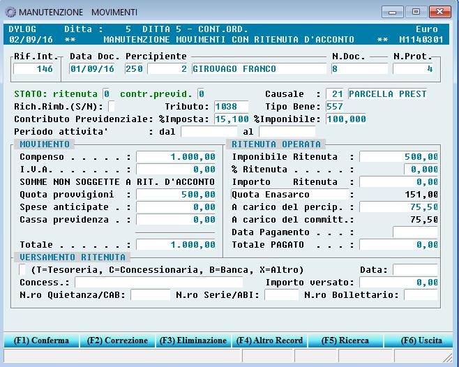 segue da pag. precedente Movimento di ritenuta generato. Tipo bene 558 - Reg.Fiscali Agevolati con contr. Prev.