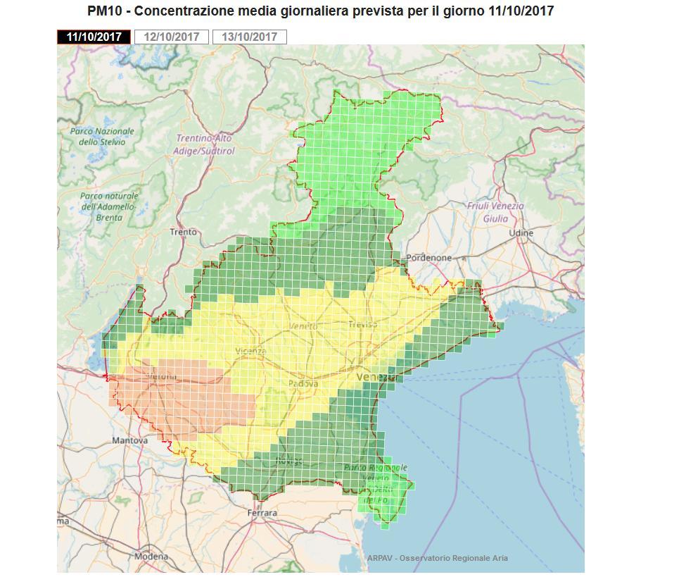 concentrazione media giornaliera di PM10 (griglia 4x4km) per il giorno