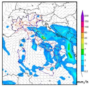 cumulata e vento UmiditÃ relativa Temperatura a 2m dal suolo Situazione: Lunedì, bassa pressione