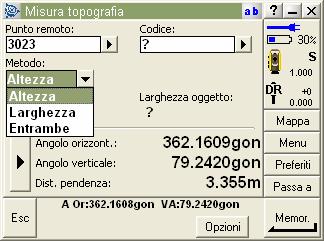 Impostare il metodo necessario (Altezza Larghezza Entrambe) collimare il punto da determinare (2). Cliccare Memor.