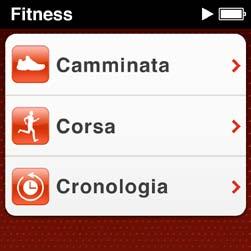 Usare ipod nano per contare i passi di una camminata: 1 Nella schermata Home, tocca Fitness, quindi tocca Camminata.