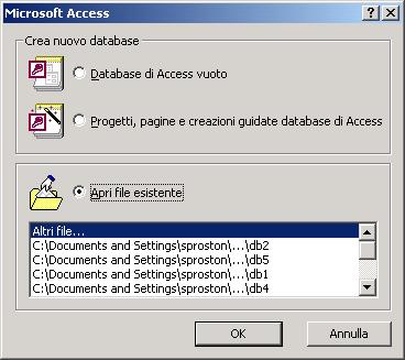 Aprire Access Appare ua fiestra di dialogo