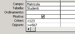 Criteri Se i criteri di selezioe vegoo iseriti su uo stesso rigo per più campi, il programma esegue u AND tra i