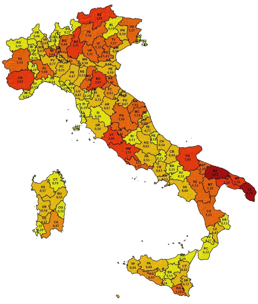 Distribuzione provinciale della produzione fotovoltaica nel 2010 Produzione in ITALIA: 1.