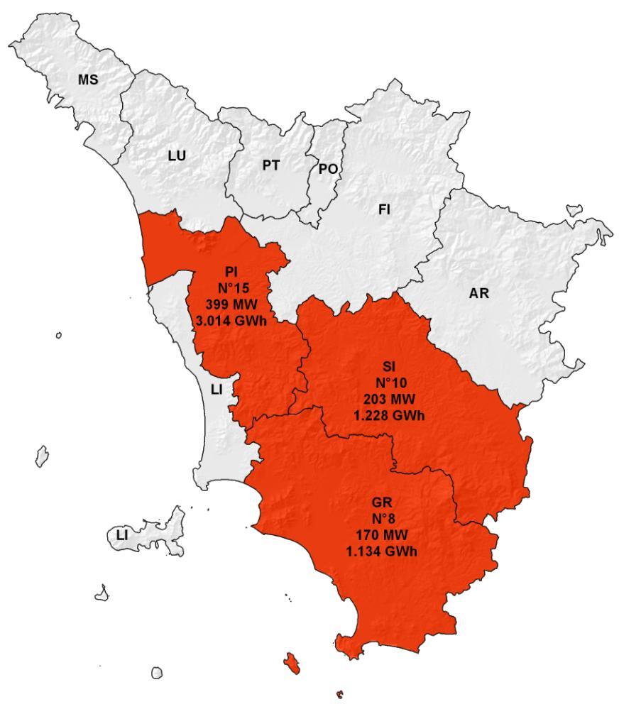 Distribuzione provinciale degli impianti geotermoelettrici nel 2010 - Numerosità, Potenza efficiente lorda e Produzione lorda Regione Toscana N impianti = 33