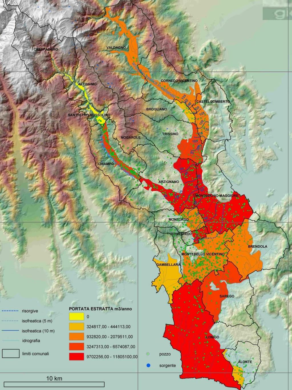 Il livello di sfruttamento della risorsa idrica sotterranea del sistema Chiampo-Agno-Guà è particolarmente elevato.