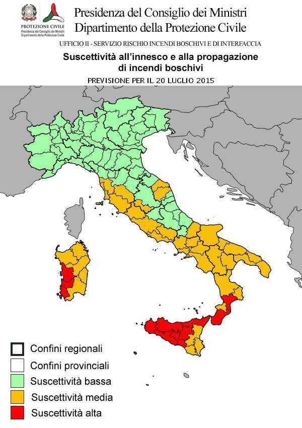 CONDIZIONI DI SUSCETTIVITA' ALL'INNESCO E ALLA PROPAGAZIONE DI INCENDI BOSCHIVI PREVISTE PER IL 20 LUGLIO 2015 BASSA MEDIA ALTA VALLE D'AOSTA AO PIEMONTE LOMBARDIA TRENTINO A. A. VENETO FRIULI V.