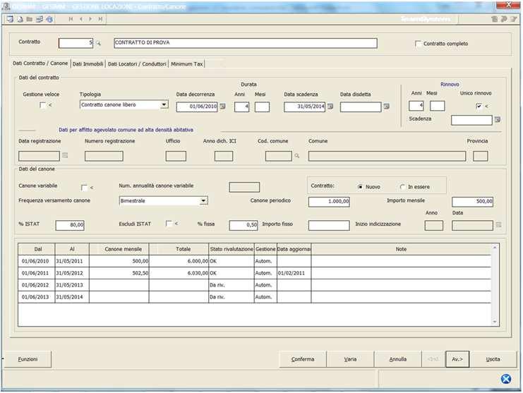 GESTIONE LOCAZIONI Dati contratto/canoni: -Inserimento dati essenziali del contratto.