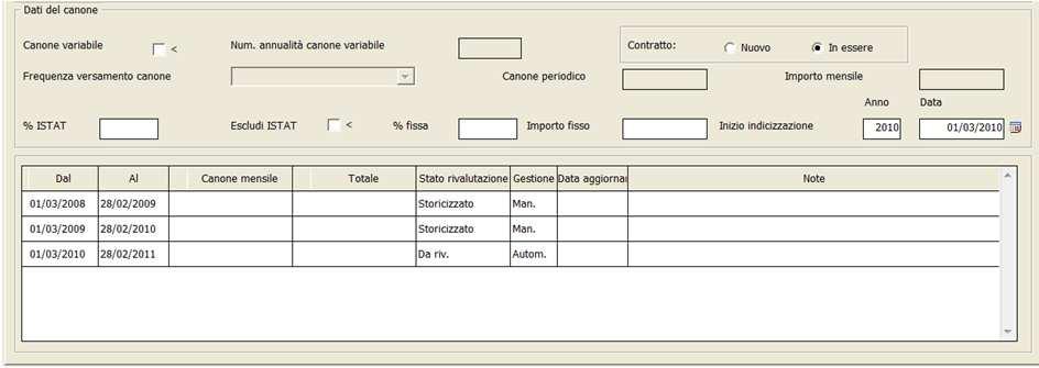 GESTIONE LOCAZIONI Contratto in essere: Permette di gestire contratti in corso, viene richiesto l anno di indicizzazione che corrisponde al periodo dal quale si intende gestire il contratto all