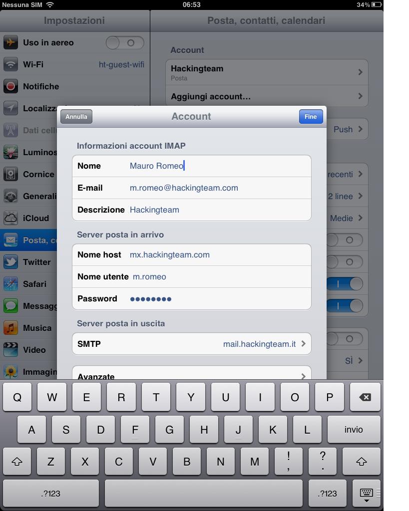 4.2 Ipad Per aggiungere il nuovo account email, selezionare: Impostazioni Posta, contatti, calendari e inserire