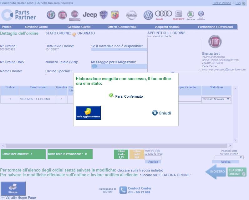 Gestione ordini Ordine elaborato Indicazioni sull ordine