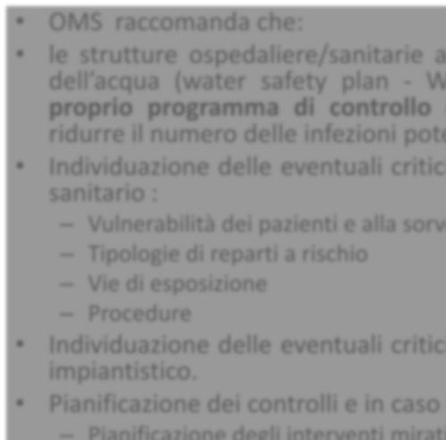 CONCLUSIONI OMS raccomanda che: le strutture ospedaliere/sanitarie adottino un piano per la sicurezza dell acqua (water safety plan - WSP) come parte integrante del proprio programma di