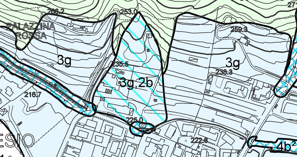 figura 7: stralcio Carta della fattibilità geologica per le azioni di Piano (non in scala) 3g - Aree debolmente acclivi (pendenza inferiore al 35%) situate per lo più nella fascia pedecollinare, di