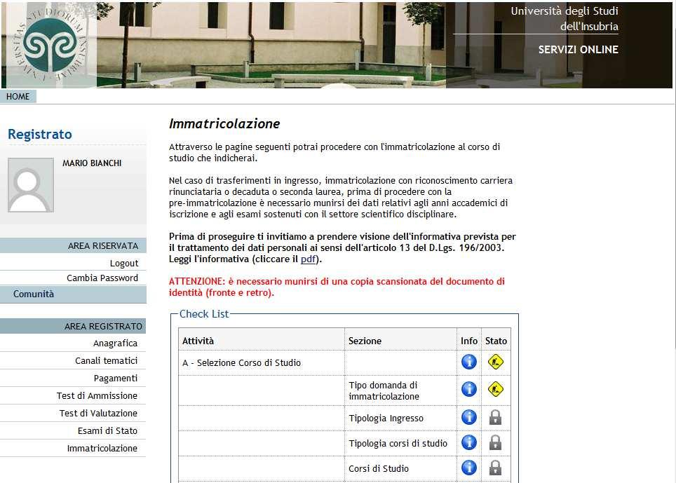 2 questa schermata indica i dati richiesti per effettuare l immatricolazio ne.