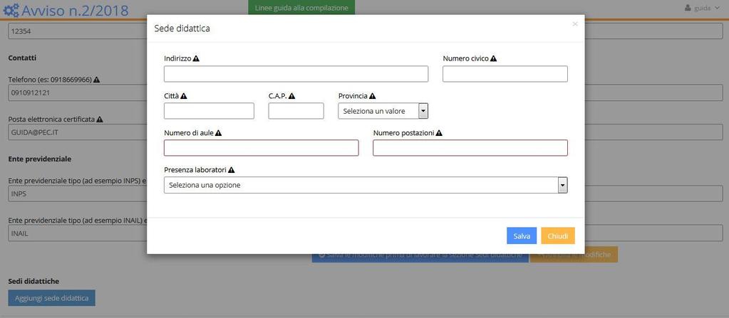 Salvare i dati inseriti prima di proseguire cliccando sul pulsante Salva.