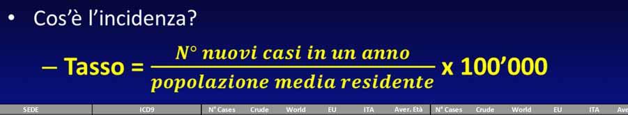 Incidenza 10 SEDE ICD9 N Cases Crude World EU ITA Aver. Età N Cases Crude World EU ITA Aver.