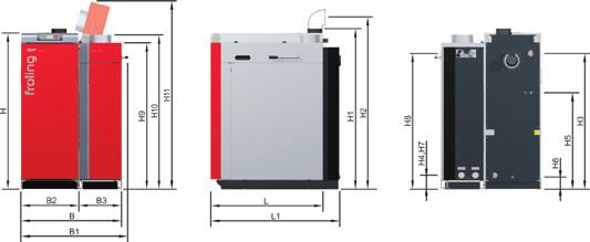 Dati tecnici Dimensioni - SP Dual 15 22 28 32/34 40 L Lunghezza caldaia a legna [mm] 1125 1125 1125 1215 1215 L1 Lunghezza unità pellet [mm] 1285 1285 1285 1370 1370 B Larghezza SP Dual [mm] 1000