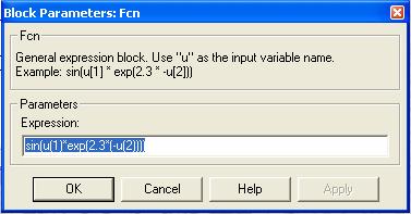 Blocco Fcn Il blocco Fcn permette di implementare un legame ingresso-uscita descrivibile da una generica espressione matematica.