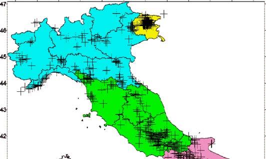 Figura 1. Distribuzione dei grandi fenomeni di deformazione sul territorio nazionale (Romeo e Delfino, 1997). Grassano (Cotecchia e Del Prete, 1986) e Senerchia (Maugeri et al., 1982; Cotecchia et al.