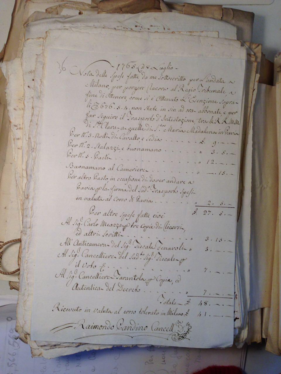 Il documento sottostante invece risale all 8 luglio 1765 e rappresenta una nota delle spese fatta per porgere ricorso al regio tribunale a Milano per ottenere l esenzione di 676.5.4 (ducati...).