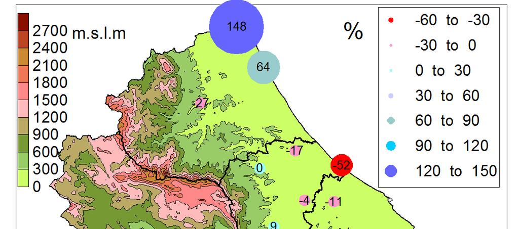 Fig. 2 Distribuzione territoriale degli scarti in percentuale delle piogge del mese di Settembre 2016 nella regione Abruzzo rispetto al dato storico (1971-2000).
