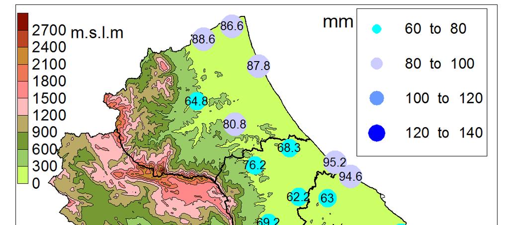 OTTOBRE Le precipitazioni del mese di ottobre, più intense nel vastese, si sono collocate nell intervallo compreso tra i 62.2 mm di Cepagatti e i 136.8 mm di Vasto. (Fig.1) Fig.