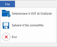 Menu File Seleziona il file OST di Outlook Apre la finestra di dialogo Seleziona il file OST per la conversione, che consente di selezionare/cercare i file OST.