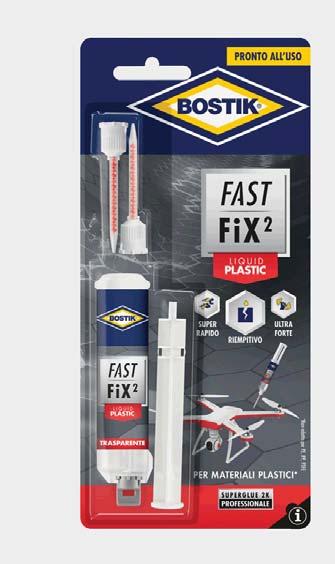 adesivi bicomponenti BOSTIK FAST FIX² LIQUID PLASTIC Colla bicomponente super forte, ultrarapida e riempitiva, a base di cianoacrilato. Adatta per riparazioni rapide e precise di oggetti in plastica.