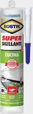 sigillanti speciali BOSTIK SUPER SIGILLANTE CUCINA Silicone neutro per cucine, certificato per il contatto con gli alimenti. Super veloce: cucina pronta dopo 3 ore.