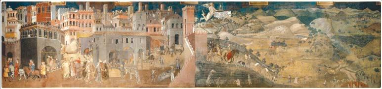 3 Affresco di Ambrogio Lorenzetti, Palazzo Pubblico di Siena 1338, Effetti del Buono Governo in Città e Campagna parte del ciclo di Affreschi Allegoria ed Effetti del Buono e del Cattivo Governo in