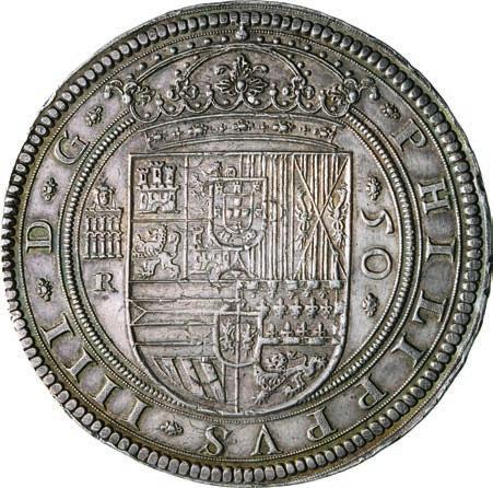 121. SPAGNA FILIPPO IV (1621-1665) 50 Reales o Cinquentin, 1635 Segovia (acquedotto), sigla R (Rafael Savan)