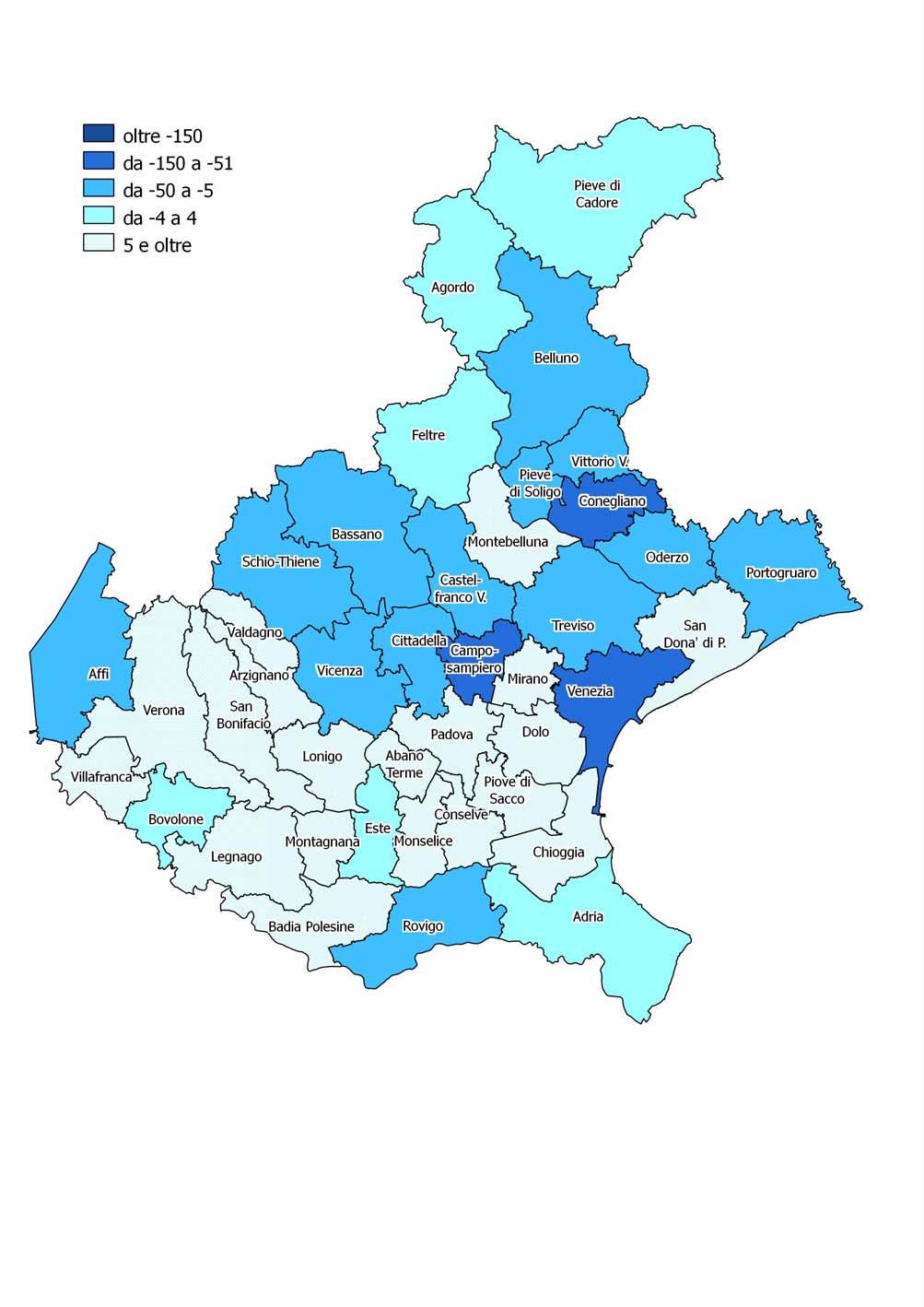 Fig. 14b Veneto. Posizioni di lavoro dipendente*. Saldi 2010 per Cpi.