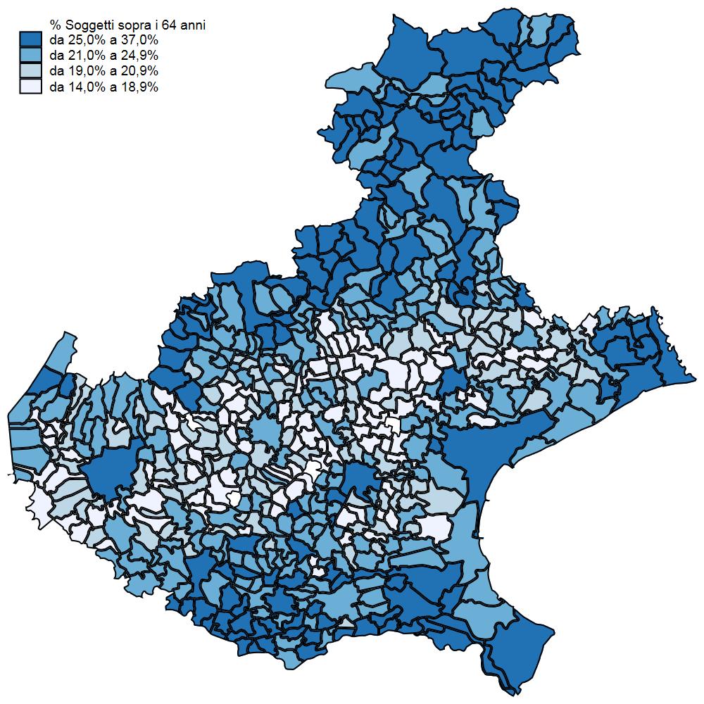 I comuni con la maggior percentuale di anziani sui residenti (Figura 1.6) sono soprattutto quelli montani, quelli lagunari e quelli della zona del Polesine.