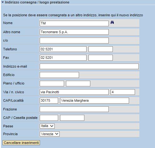 Visualizzare il dettaglio posizioni Indirizzo consegna Se la posizione dello shopping basket deve essere consegnata a un altro indirizzo, occorre inserire