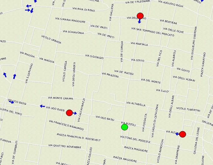 Figura 5.43 Mappa delle postazioni di rilevamento CISIUM nell area del centro (in rosso e nella direzione indicata dalle frecce blu). In verde l ubicazione del laboratorio mobile. Tabella 5.