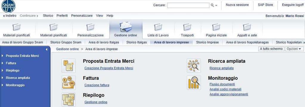 2 2 Percorso a menù Riepilogo Proposte Entrata Merci/Fatture Per accedere alla visualizzazione delle Proposte Entrata Merci e Fatture, selezionare Gestione ordine, successivamente la sezione Area di