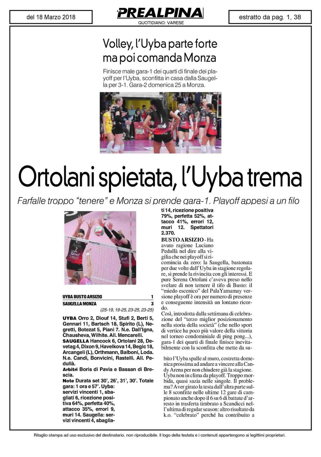 Volley, TUyba parte forte ma poi comanda Monza Finisce male gara-1 dei quarti di finale dei playoff per l'uyba, sconfitta in casa dalla Saugella per 3-1. Gara-2 domenica 25 a Monza.