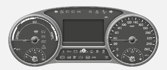 Quadro strumenti Quadro strumenti di KIA Optima Plug-in Hybrid [] 6 a Indicatore Sistema Ibrido b Indicatore livello carburante c Tachimetro d Spie e indicatori luminosi e Display LCD f Indicatore