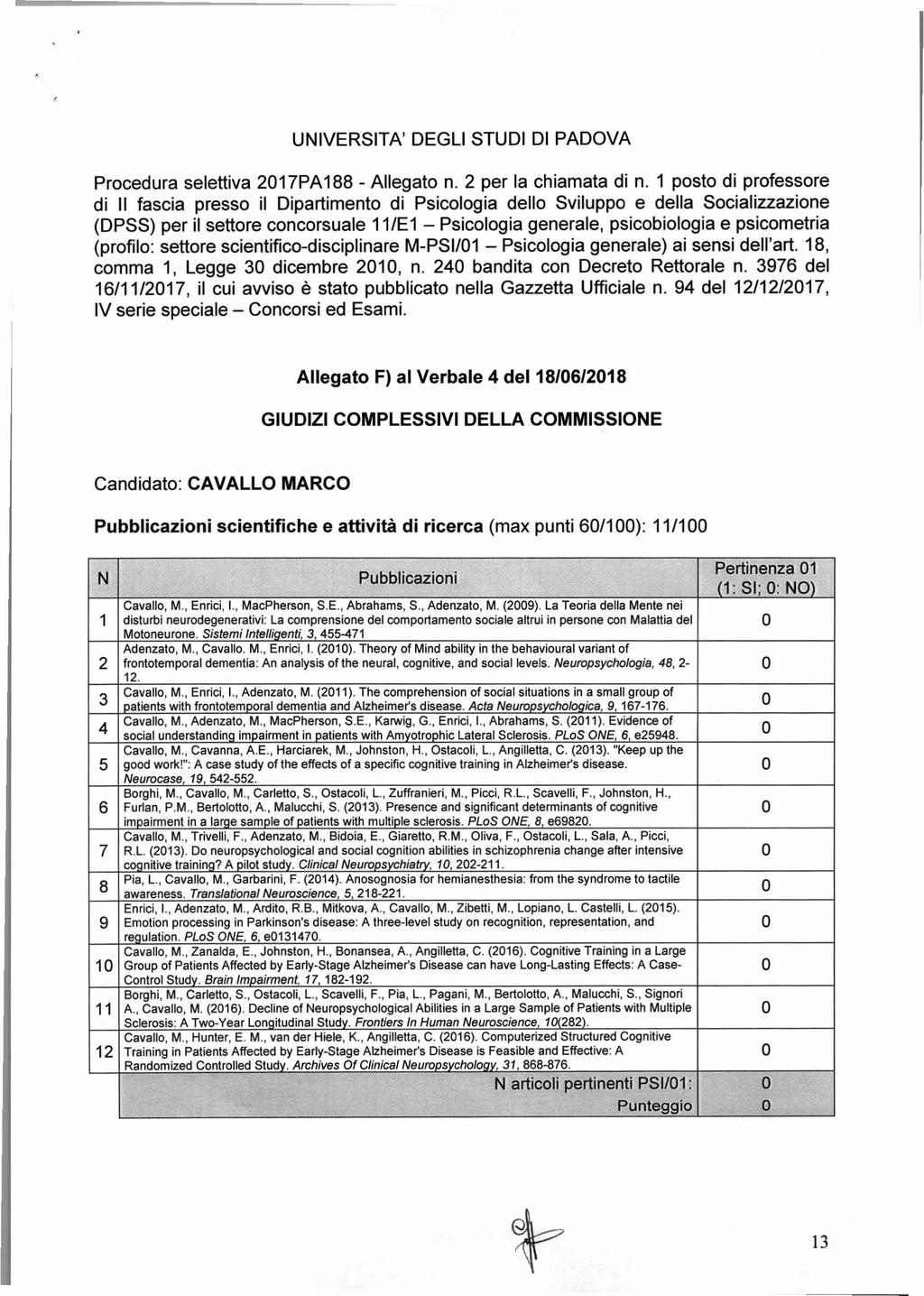 UNiVERSITA DEGLI STUDI Dl PADOVA Procedura selettiva 27PA88 - Allegato n. 2 per la chiamata di n.