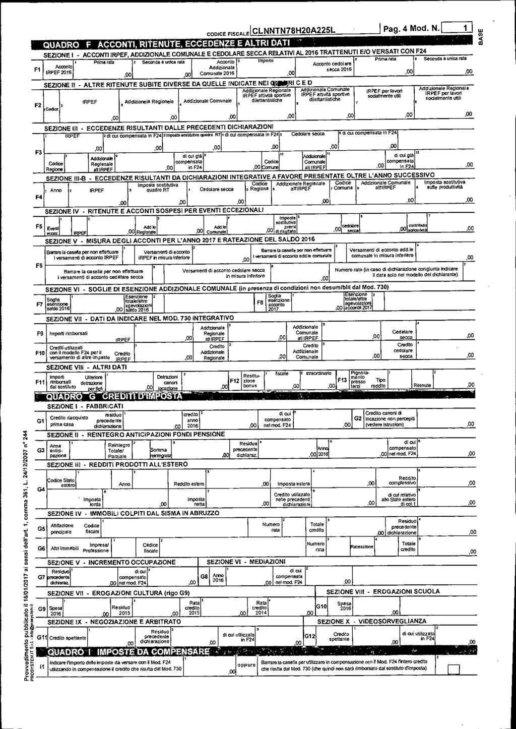 F1 QUADRO F ACCONT, RTENUTE, ECCEDENZE E ALTR DAT CODCE FSCALE] CLNNTN78H0A5L Pag. 4 Md. N.